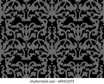 Halftone round black seamless background Chinese botanic garden spiral vine flower leaf