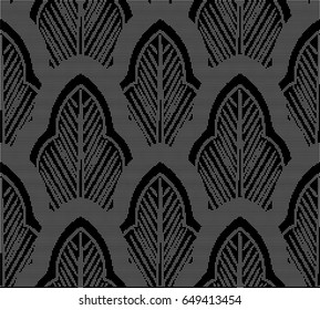 Halftone round black seamless background oriental botanic curve cross leaf chintz