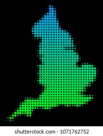 Halftone round blot England Map. Vector geographic map in green-blue gradient colors on a black background. Vector mosaic of England Map designed of circle blots.