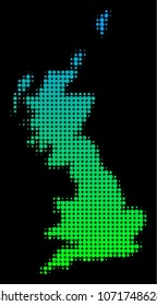 Halftone round blot Great Britain Map. Vector geographic map in green-blue gradient colors on a black background. Vector composition of Great Britain Map created of circle blots.