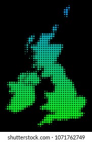 Halftone round blot Great Britain And Ireland Map. Vector geographical map in green-blue gradient colors on a black background.