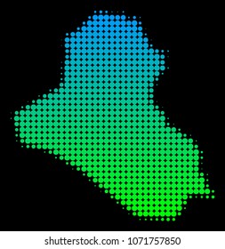 Halftone round blot Iraq Map. Vector territorial map in green-blue gradient colors on a black background. Vector collage of Iraq Map designed of circle points.