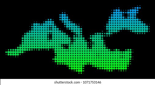 Halftone round blot Mediterranean Sea Map. Vector territory map in green-blue gradient colors on a black background. Vector concept of Mediterranean Sea Map combined of round dots.