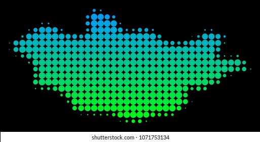Halftone round blot Mongolia Map. Vector geographical map in green-blue gradient colors on a black background. Vector composition of Mongolia Map created of circle points.