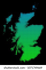 Halftone round blot Scotland Map. Vector geographic map in green-blue gradient colors on a black background. Vector composition of Scotland Map composed of circle blots.