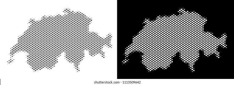 Halftone round blot Swissland map. Vector geographical maps in gray and white colors on white and black backgrounds. Abstract collage of Swissland map organized of circle dots.
