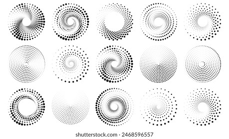 Halftone round elements, twisters, halftone circular textures with dots, circle halftone tornado