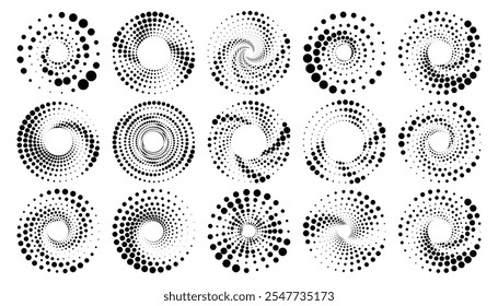 Halftone round elements, twisters, halftone circular textures with dots, radial halftone tornado