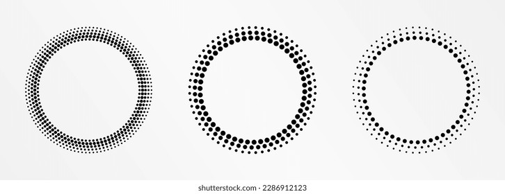 Marco redondo de semitono. Logo del círculo de semitono. Emblema de puntos. Borde de textura con puntos. Ilustración vectorial aislada en fondo blanco.