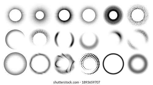 Halftone round frames. Circle shape with dots pattern, retro half tone background and graphic decoration border vector set
