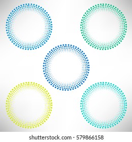 Halftone round geometrical frame. Set of design elements of different colors. Vector illustration.