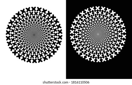 Halftone round as icon or background. Abstract vector circle frame with cross as logo or emblem.