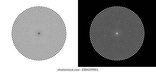 Halftone round as icon or background. Abstract vector circle with hexagons as logo or emblem. Black shape on a white background and the same white shape on the black side.