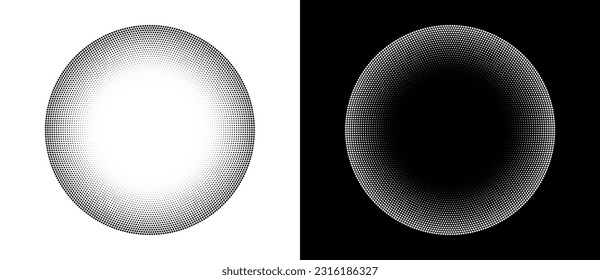 Halftone round as icon or background. Abstract vector circle frame with dots as logo or emblem. Black shape on a white background and the same white shape on the black side.