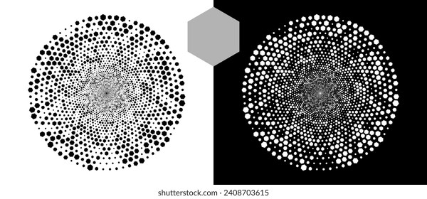 Halftone round as icon or background. Abstract vector circle with hexagons as logo or emblem. Black shape on a white background and the same white shape on the black side.