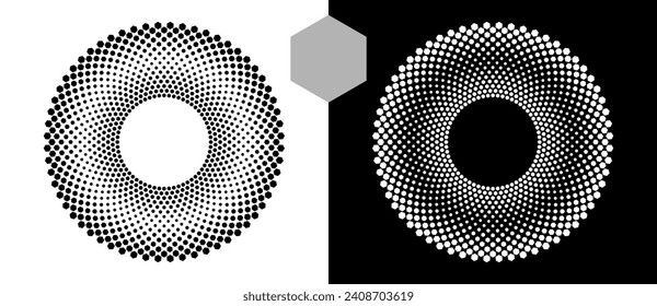 Halftone rund als Symbol oder Hintergrund. Abstrakter Vektorkreis mit Hexagons als Logo oder Emblem. Schwarze Form auf weißem Hintergrund und dieselbe weiße Form auf schwarzer Seite.