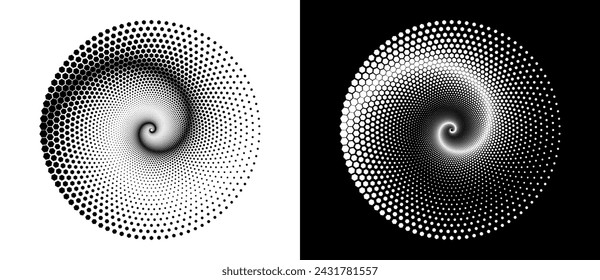 Halftone round as icon or background. Abstract vector circle with hexagons as logo or emblem. Black shape on a white background and the same white shape on the black side.
