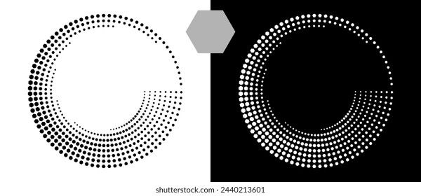 Halftone round as icon or background. Abstract vector circle with hexagons as logo or emblem. Black shape on a white background and the same white shape on the black side.