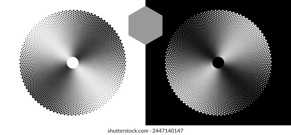 Halftone round as icon or background. Abstract vector circle with hexagons as logo or emblem. Black shape on a white background and the same white shape on the black side.