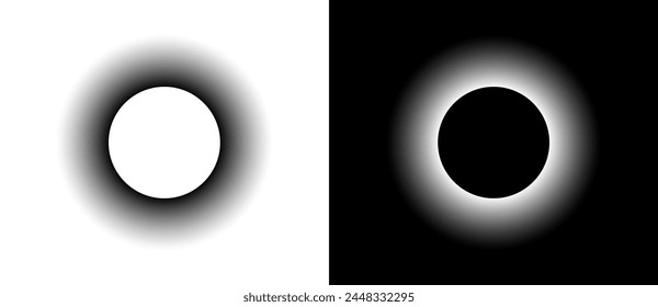 Halftone round as icon or background. Abstract vector circle frame with gradient as logo or sun concept. Black shape on a white background and the same white shape on the black side.