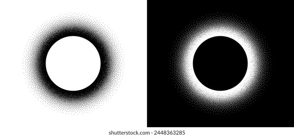 Halftone round as icon or background. Abstract vector circle frame with dots as logo or sun concept. Black shape on a white background and the same white shape on the black side.