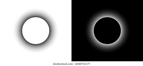 Halftone round as icon or background. Abstract vector circle frame with dots as logo or sun concept. Black shape on a white background and the same white shape on the black side.