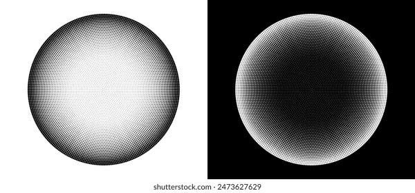 Halbton rund als Symbol oder Hintergrund. Abstrakter Vektorgrafik-Kreisrahmen mit Punkten als Logo oder Sonnenkonzept. Schwarze Form auf weißem Hintergrund und die gleiche weiße Form auf schwarzer Seite.