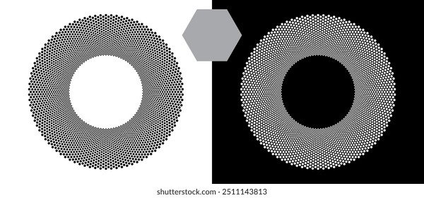 Medio tono redondo como icono o fondo. Círculo de Vector Abstractas con hexágonos como logotipo o emblema. Forma negra sobre un fondo blanco y la misma forma blanca en el lado negro.