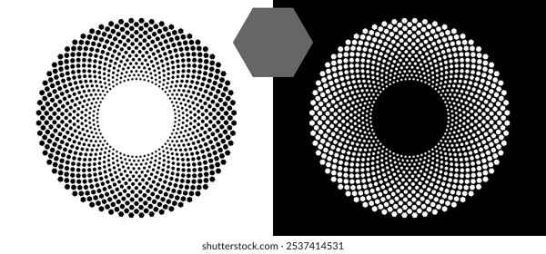 Medio tono redondo como icono o fondo. Círculo de Vector Abstractas con hexágonos como logotipo o emblema. Forma negra sobre un fondo blanco y la misma forma blanca en el lado negro.