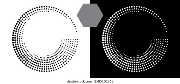 Halftone round as icon or background. Abstract vector circle with hexagons as logo or emblem. Black shape on a white background and the same white shape on the black side.