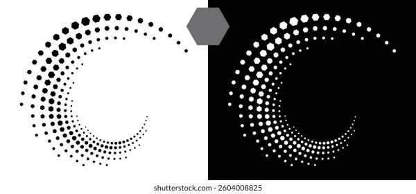 Halftone round as icon or background. Abstract vector circle, spiral with hexagons as logo or emblem. Black shape on a white background and the same white shape on the black side.