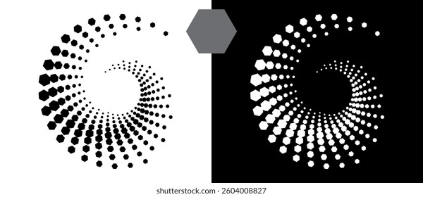 Halftone round as icon or background. Abstract vector circle, spiral with hexagons as logo or emblem. Black shape on a white background and the same white shape on the black side.