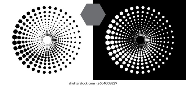 Halftone round as icon or background. Abstract vector circle, spiral with hexagons as logo or emblem. Black shape on a white background and the same white shape on the black side.