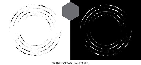 Halftone round as icon or background. Abstract vector circle, spiral with hexagons as logo or emblem. Black shape on a white background and the same white shape on the black side.