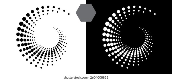 Halftone round as icon or background. Abstract vector circle, spiral with hexagons as logo or emblem. Black shape on a white background and the same white shape on the black side.