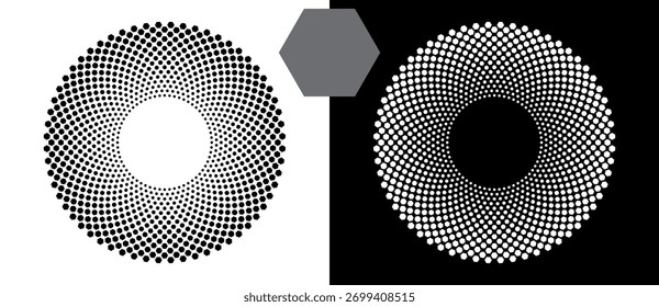 Meio-tom arredondado como ícone ou fundo. Círculo vetorial abstrato com hexágonos como logotipo ou emblema. Forma preta em um plano de fundo branco e a mesma forma branca no lado preto.