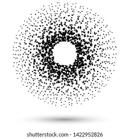 Halftone round as icon or background. Black abstract vector circle frame with chaotic triangles as logo or emblem. Circle border isolated on the white background for your design. 
