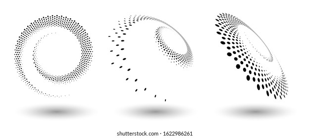 Meio-tom arredondado como ícone ou fundo. Quadro em círculo preto abstrato com pontos como logotipo ou emblema. Borda circular isolada no plano de fundo branco para seu design.