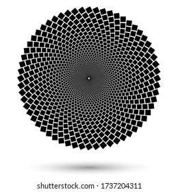 Ronda de semitono como icono o fondo. Marco de círculo vectorial abstracto negro con cuadrados como logotipo o emblema. Borde circular aislado en el fondo blanco para tu diseño. Textura de pared de ladrillo circular.