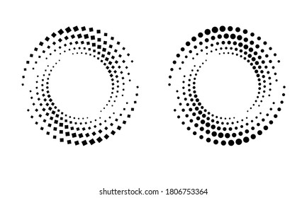 Halftone round as icon or background. Black abstract vector circle frame with dots and squares as logo or emblem. Circle border isolated on the white background for your design.