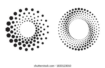 Halftone rund als Symbol oder Hintergrund. Schwarz abstrakter Vektorkreisrahmen mit Hexagons als Logo oder Emblem. Circle Ränder einzeln auf weißem Hintergrund für Ihr Design.