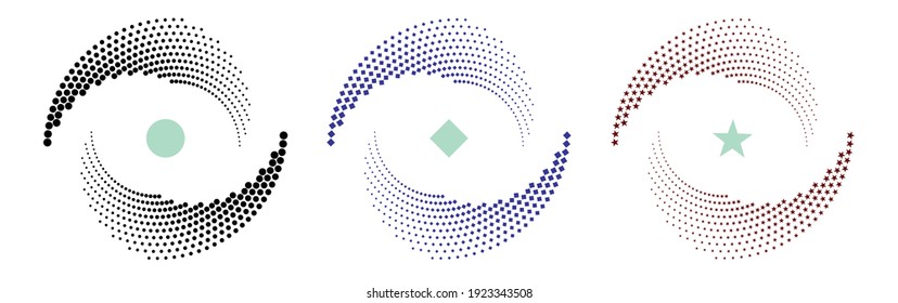 Ronda de semitono como icono o fondo. Marco de círculo vectorial abstracto negro con puntos, rombos y estrellas como logotipo o emblema. Borde circular aislado en el fondo blanco para tu diseño.