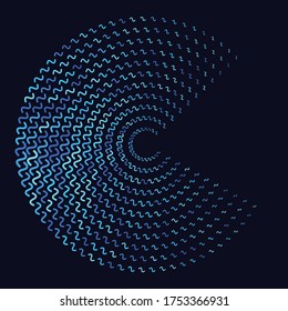 Halftone round as icon or background. Blue abstract vector circle frame with waves as logo or emblem. Circle form  border on dark background for your design.