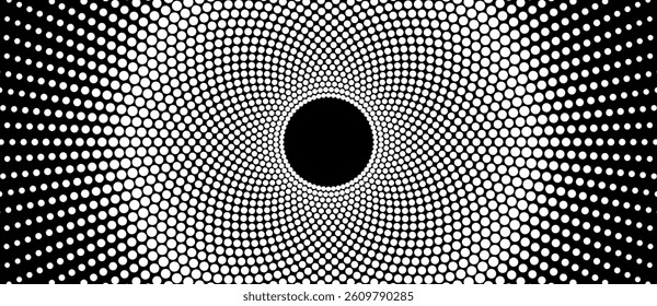 Halftone round as icon or background. Sun concept. Abstract vector circle frame with dots as logo or emblem. White dots on a black background.