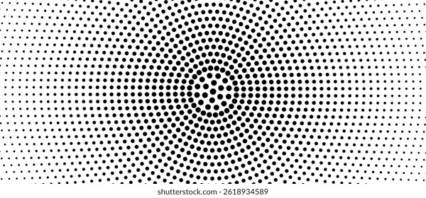 Meio-tom arredondado como ícone ou fundo. Conceito solar. Quadro de círculo vetorial abstrato com pontos como logotipo ou emblema. Pontos brancos em um plano de fundo preto.
