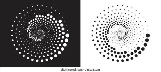 Halftone round as icon or background. White abstract vector circle frame with dots as logo or emblem. Circle isolated on the black background for your design.