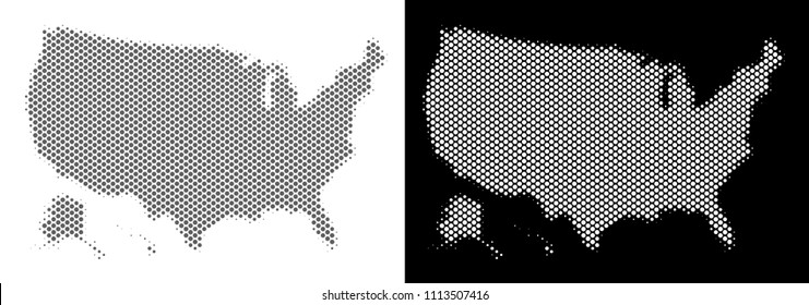 Halftone round pixel USA with Alaska map. Vector territory maps in grey and white colors on white and black backgrounds. Abstract composition of USA with Alaska map composed of circle dots.