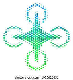 Halftone round spot Air Drone icon. Pictogram in green and blue color hues on a white background. Vector collage of air drone icon constructed of sphere elements.
