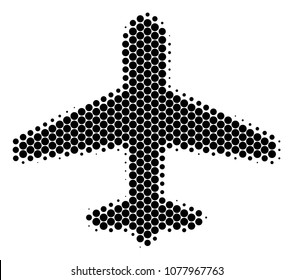 Halftone round spot Airplane icon. Pictogram on a white background. Vector composition of airplane icon created of spheric blots.