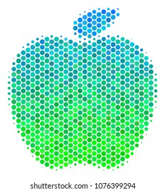 Halftone round spot Apple icon. Pictogram in green and blue color hues on a white background. Vector mosaic of apple icon combined of round dots.